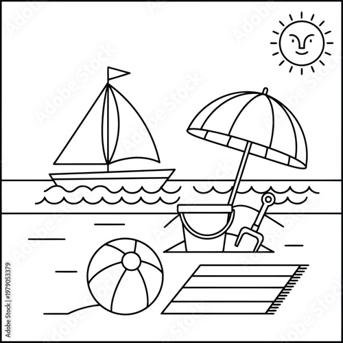 Beach scene with sailboat, umbrella, chair, and beach ball for kids coloring book