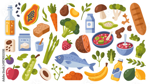 Assorted fresh fruits and vegetables with health-related items Vector