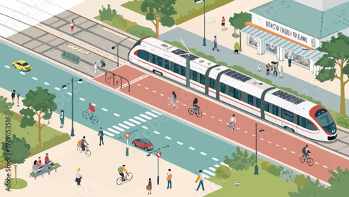 Modern city street with high speed train electric buses bike lanes pedestrians and urban infrastructure
