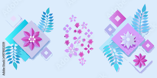 Abstract floral and geometric design with pink teal and lavender hues
