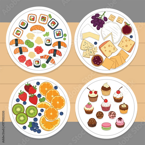 Four plates with different foods sushi, cheese, fruit, and sweets