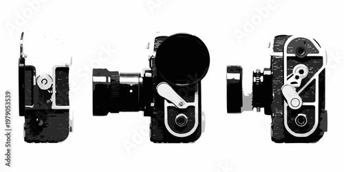 Disassembled vintage camera components shown in a black and white illustration