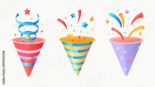 Colorful party poppers with confetti and streamers celebrate a festive occasion