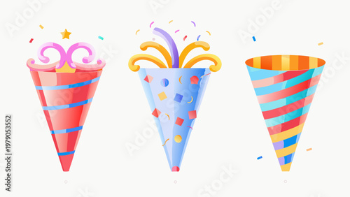 Colorful party poppers with confetti burst festive celebration decorations