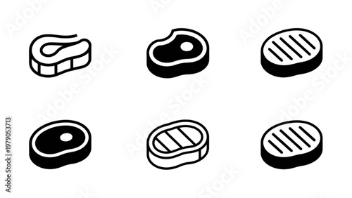 Six stylized illustrations of different types of cooked meat patties and fish fillets Vector