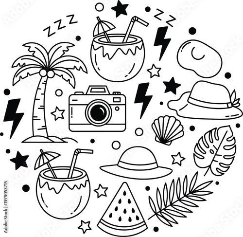 Black and white summer vacation icons with tropical symbols and objects