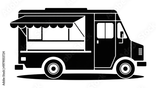 Vintage ice cream truck with an open serving window and classic striped awning Vector