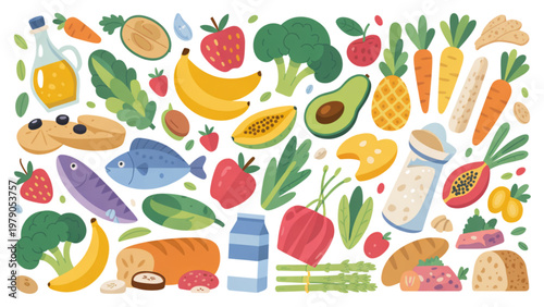 Colorful assortment of fresh vegetables and fruits in a playful illustration Vector