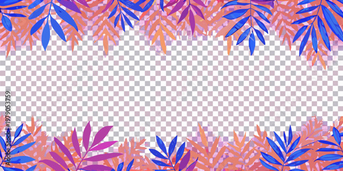 Tropical leaves and vibrant colors form a decorative patterned frame