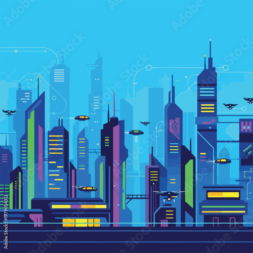 Futuristic cityscape with sleek buildings and flying vehicles