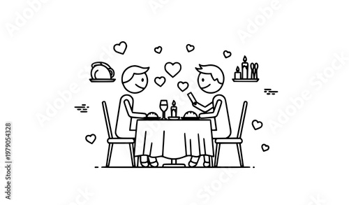 Creative romantic restaurant stickman couple icon date love dining black and white vector illustration isolated on white background