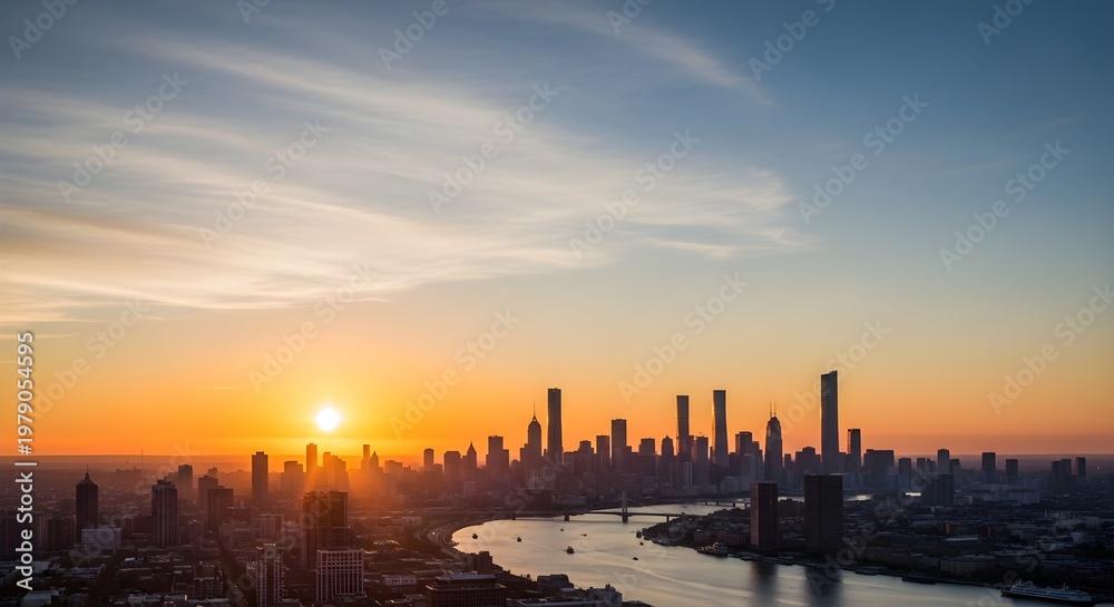 Fototapeta premium City skyline silhouetted by sunset sky over water vector illustration
