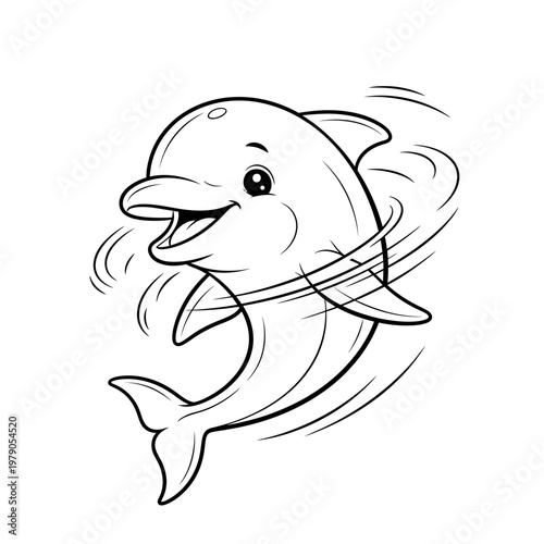 Cute cartoon dolphin jumping and playing in water, black and white line art