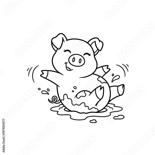 Cute cartoon piglet playing in mud puddle, happy and splashing water, line art illustration