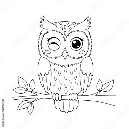 Cute cartoon owl winking on a tree branch, line art illustration