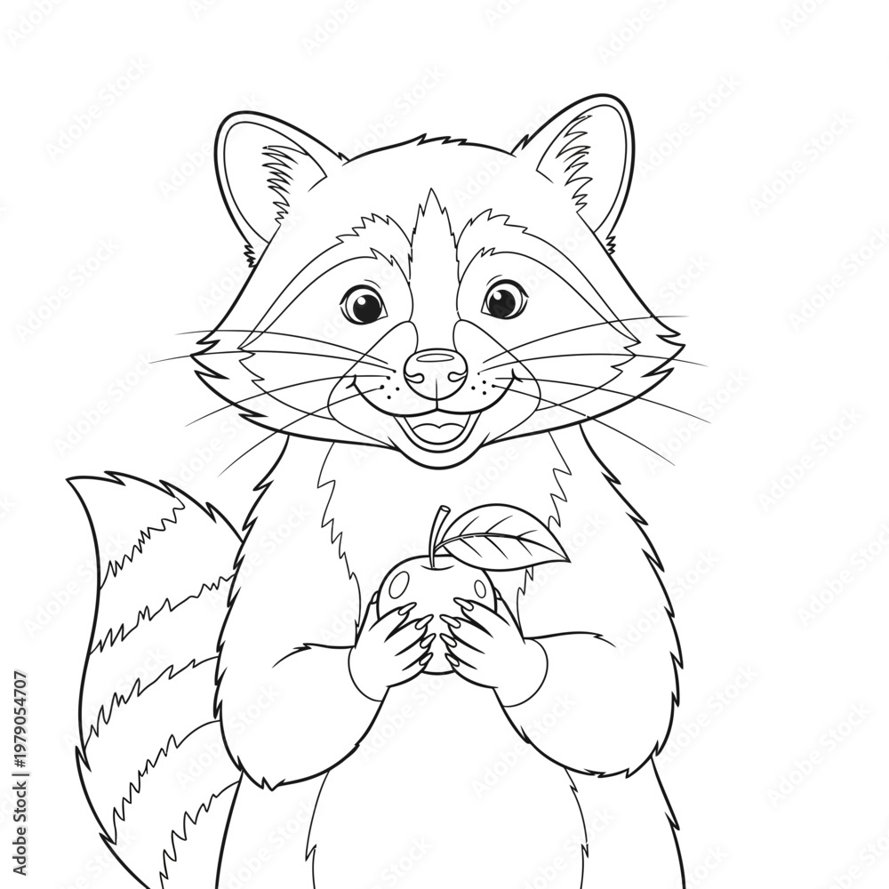 Obraz premium Cute Raccoon Holding an Apple, Outline Drawing, Coloring Page