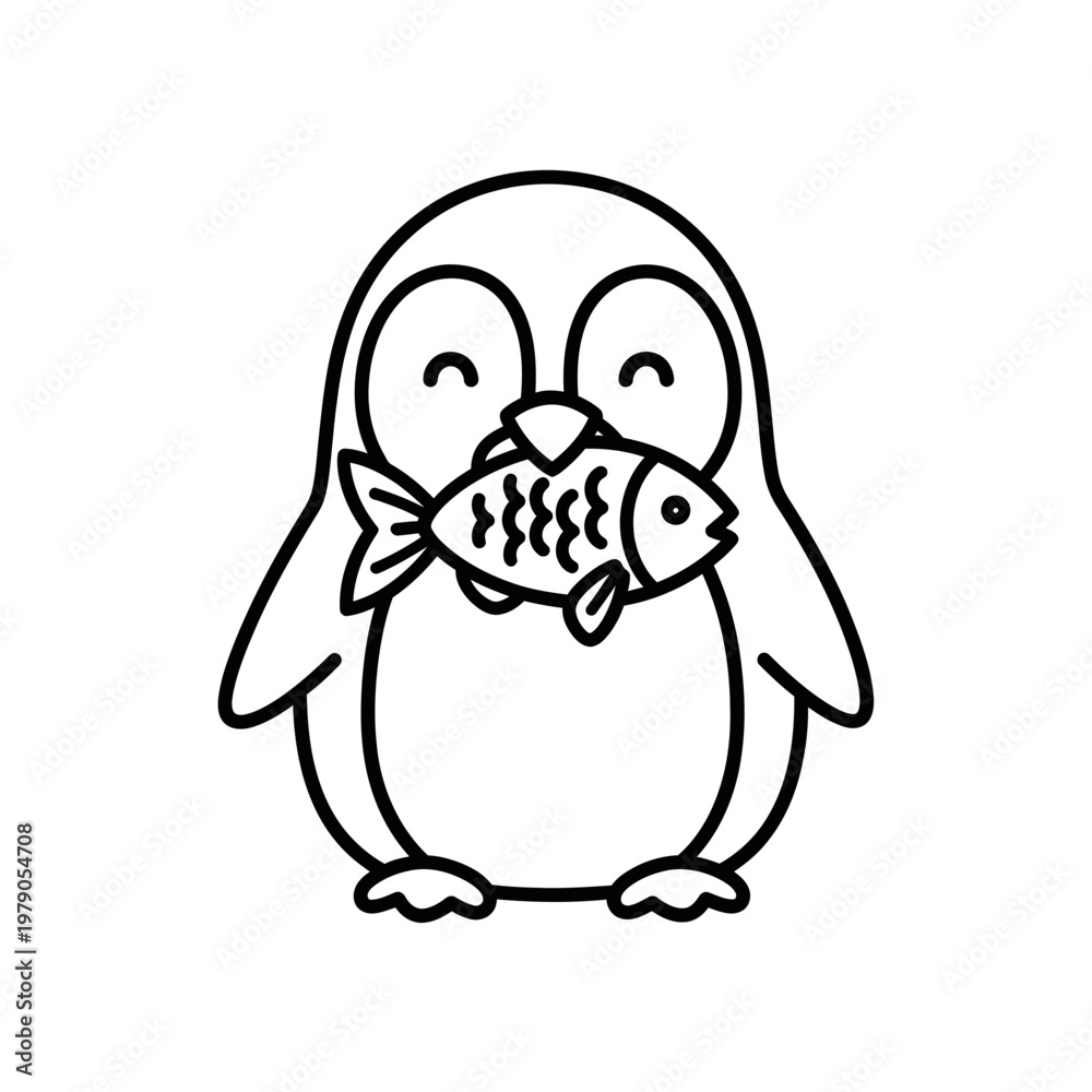 Fototapeta premium Cute penguin eating a fish, line art illustration