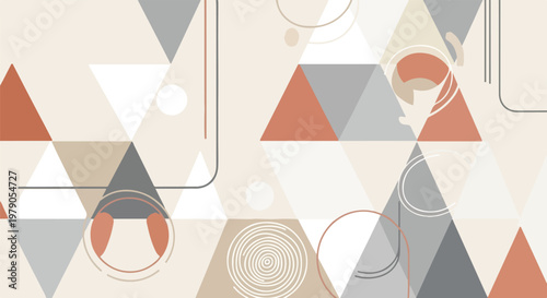 Geometric abstract art piece with triangles, circles, and neutral colors