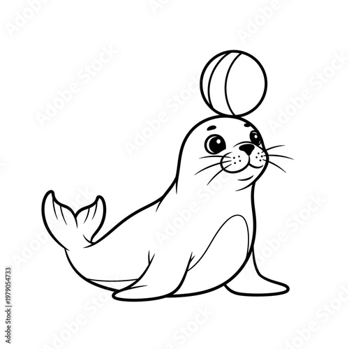 Cute seal balancing ball on nose, cartoon style