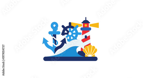 Nautical themed vector illustration featuring lighthouse, anchor, ship wheel, waves and shell