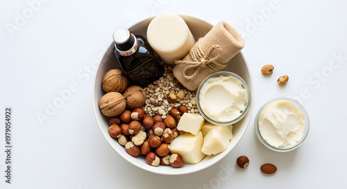 Natural cosmetic ingredients in a bowl including nuts seeds and shea butter for organic skincare and beauty products top view on white background