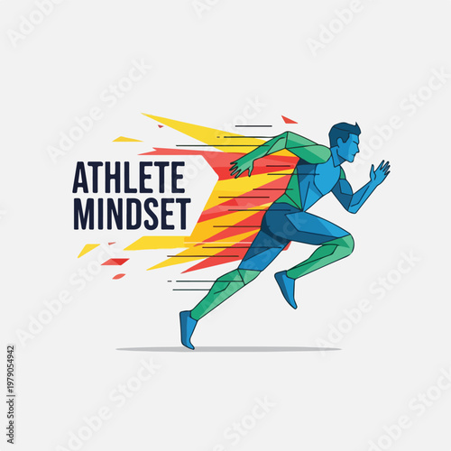 Stylized athlete sprinting with graphic color bursts, words "athlete mindset