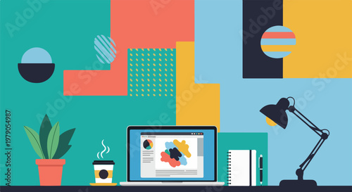 A colorful desk with a laptop, coffee, and office supplies