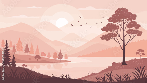 Soft pastel landscape with serene lake mountains trees and gentle atmosphere at sunrise or sunset