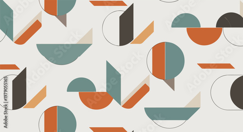 Geometric abstract pattern with shapes, semicircles, and lines, in modern colors