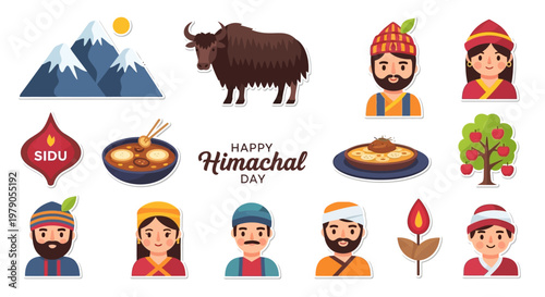 Flat lay illustration celebrating Happy Himachal Day, featuring a stylized yak, snowy mountains, and traditionally dressed people against a clean white background, showcasing Himachal