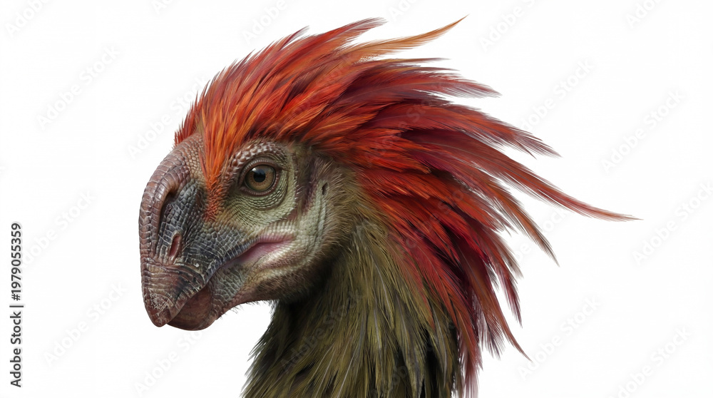 Fototapeta premium Close-up of Gigantoraptor erlianensis head isolated on white background, detailed reconstruction highlighting facial features and theropod anatomy. 