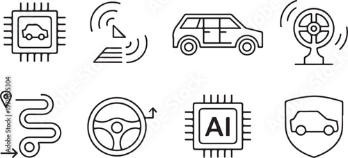 Collection of self drive and autonomous vehicle related icons .Driving and Smart Vehicle Symbols