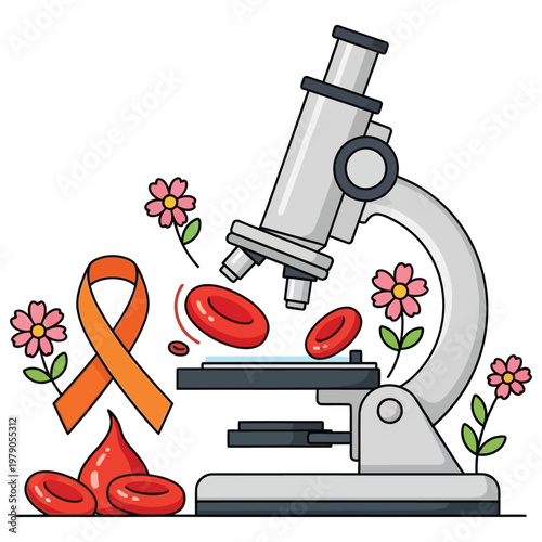 Laboratory microscope with red blood cells and orange awareness ribbon.