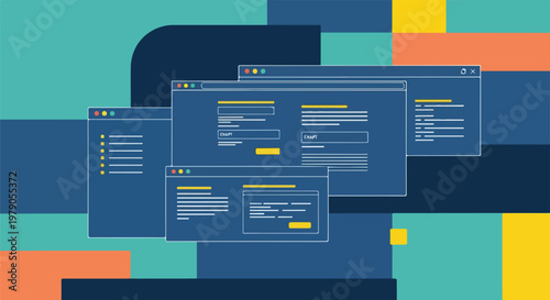 Illustration of multiple computer windows, modern design, blue theme