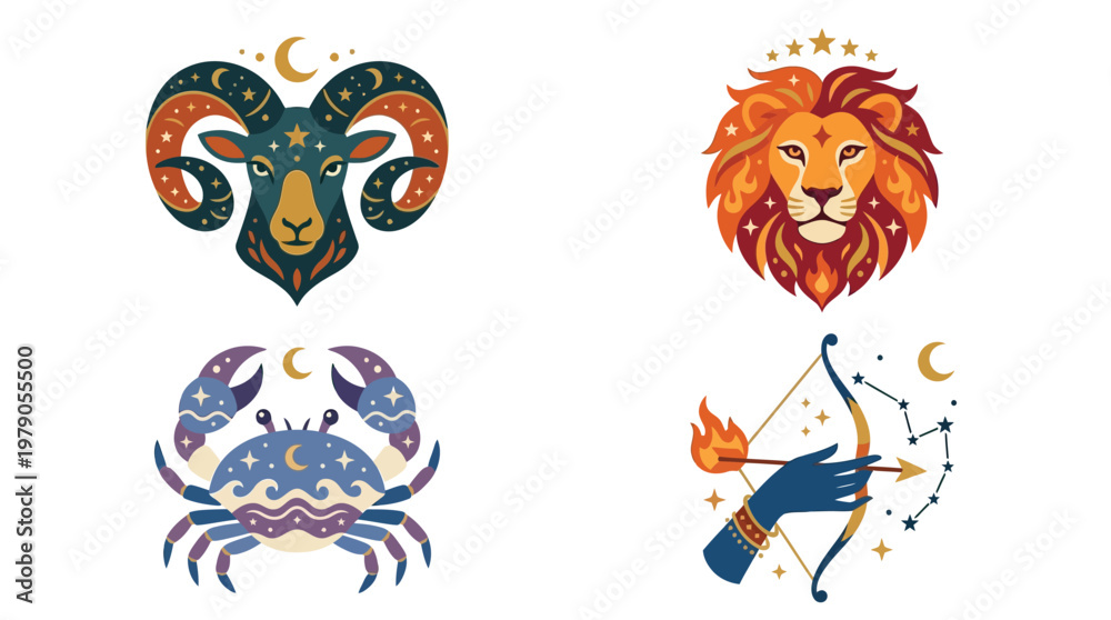 Fototapeta premium Four stylized astrological zodiac signs including Aries, Leo, Cancer, and Sagittarius, adorned with celestial and decorative elements on a white background.