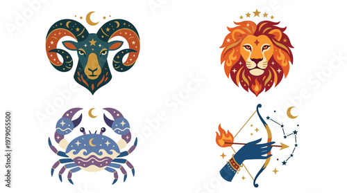 Four stylized astrological zodiac signs including Aries, Leo, Cancer, and Sagittarius, adorned with celestial and decorative elements on a white background.