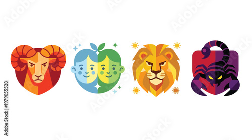 Four stylized zodiac signs: Aries, Gemini, Leo, and Scorpio, depicted with vibrant colors and a modern flat design style.