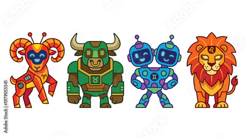 Four colorful cartoon robotic zodiac characters standing in a row, featuring Aries the ram, Taurus the bull, Gemini the twins, and Leo the lion, all with a futuristic and armored design.