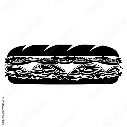 black and white line art of classic deli sandwich with lettuce and bacon