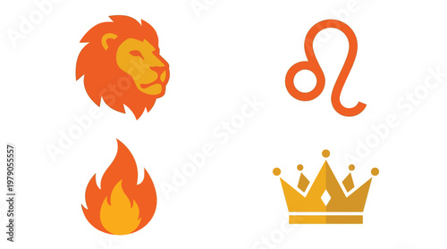 A collection of four orange and gold icons representing the Leo zodiac sign, including a lion's head, the Leo symbol, a flame, and a crown.