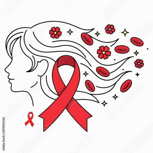 Outline of a woman's face with hair flowing into red blood cells and a red awareness ribbon.