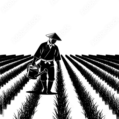 Farmer resting in rice paddy field with traditional hat and basket silhouette