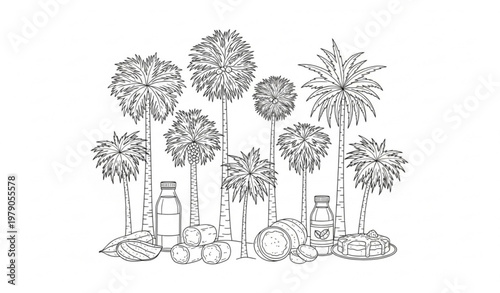 Palmyra palm tree line art with traditional food elements editable stroke tropical agriculture illustration