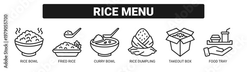 Rice Menu web banner icon vector illustration concept with icons of rice bowl, fried rice, curry bowl, rice dumpling, takeout box, and food tray. 