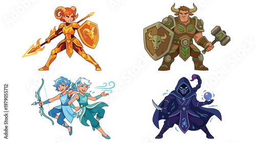 Four fantasy characters including a golden ram warrior, a minotaur, twin elemental archer and mage, and a dark hooded spellcaster.