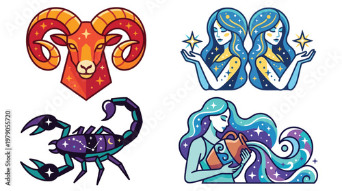 Colorful illustrations of four zodiac signs: Aries, Gemini, Scorpio, and Aquarius, featuring their symbolic representations.
