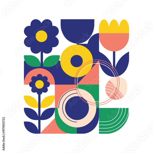 Geometric floral arrangement with vibrant colors and various shapes on white background