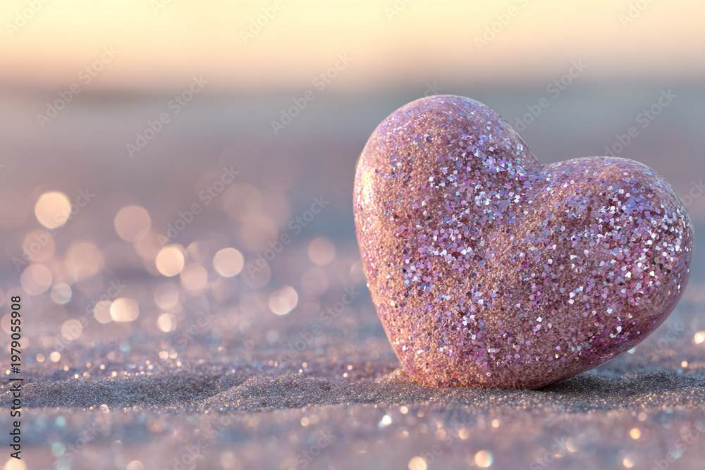 Fototapeta premium pink glittery heart shaped object on a beach