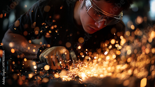 worker wearing safety gear welding metal with sparks flying everywhere in a workshop