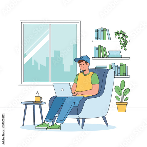 A man sits on an armchair, working on a laptop